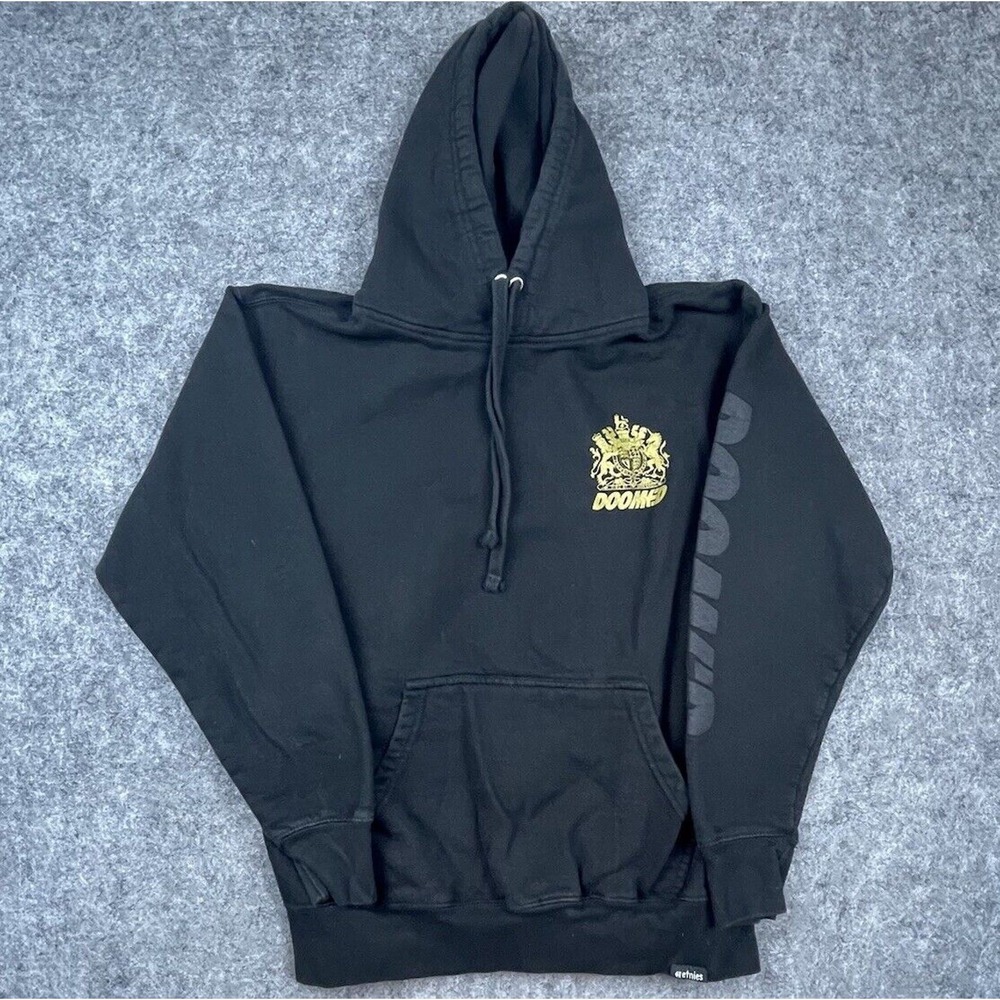 Etnies Hoodie Medium Doomed Black Gold‎ Crest Skater Skateboarding Y2K Grunge